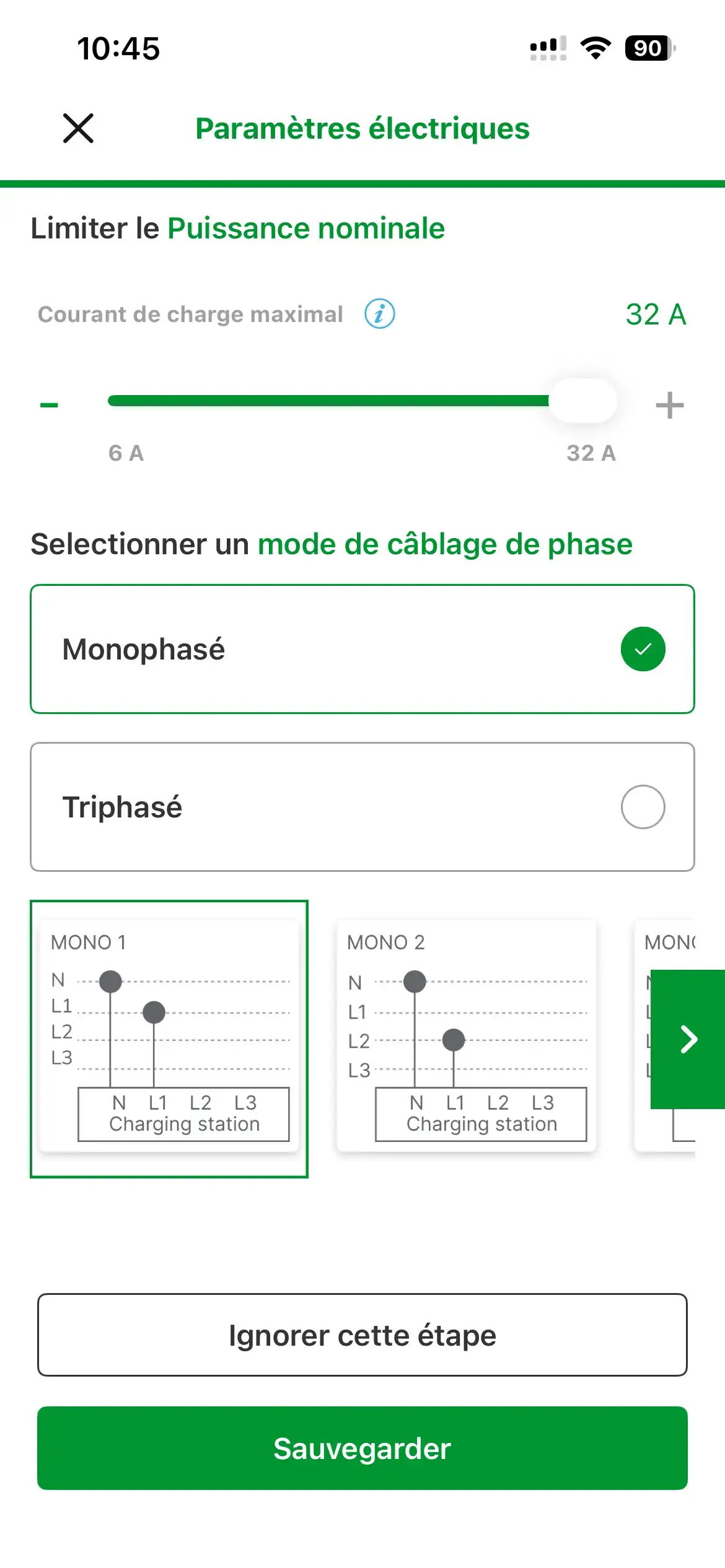 Paramètres électriques monophasé avec courant maximal à 32 A par défaut