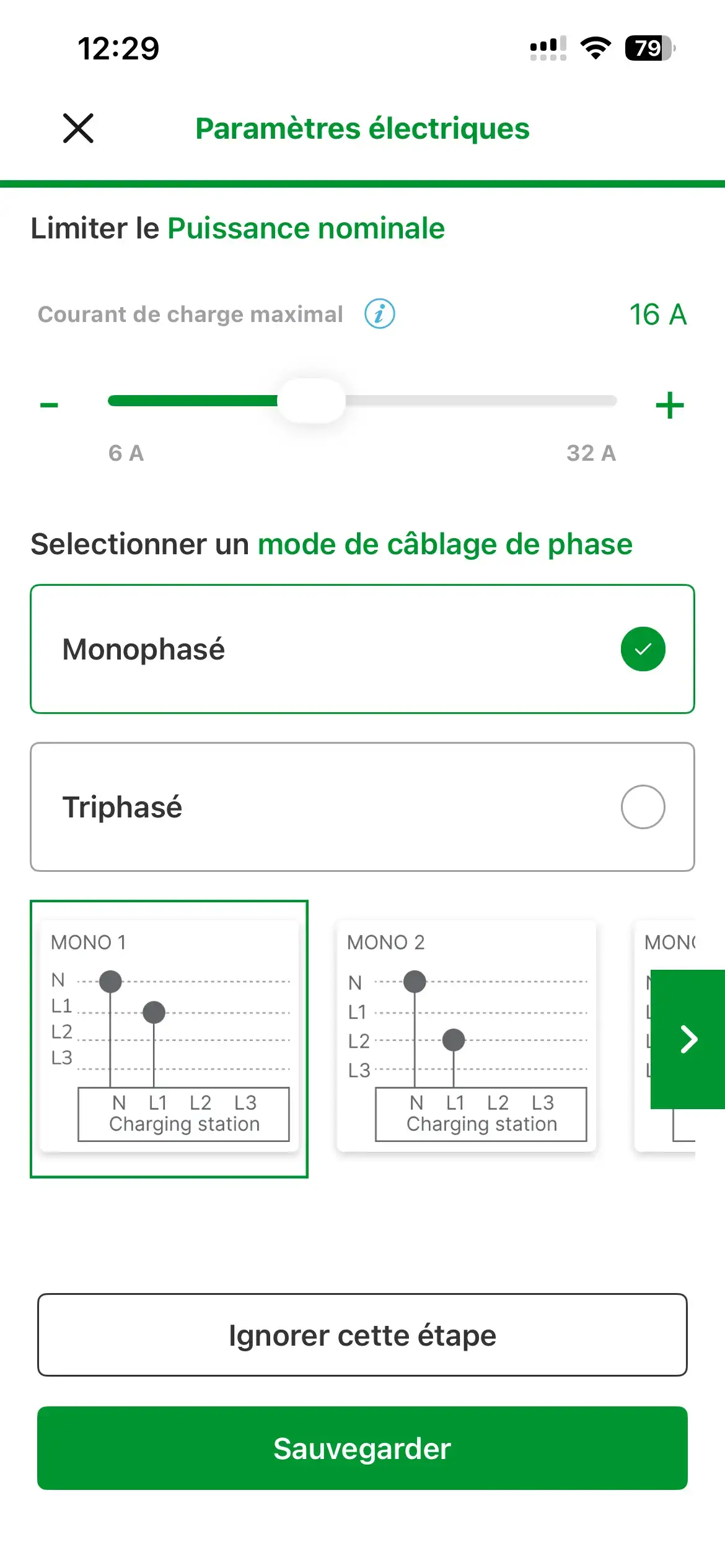 Paramètres électriques monophasé avec courant maximal abaissé à 16 A