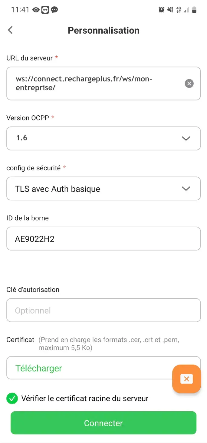 Formulaire Personnalisation OCPP Autel : URL du serveur, version 1.6, ID de la borne et certificat