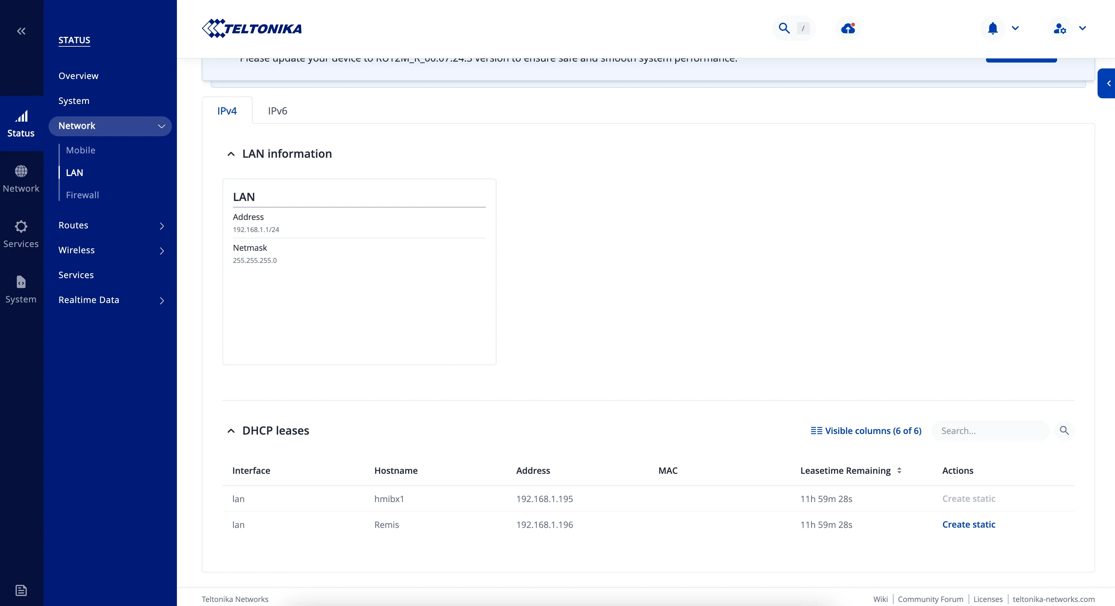 Teltonika Status Network LAN : bail DHCP hmibx1 et bouton Create static