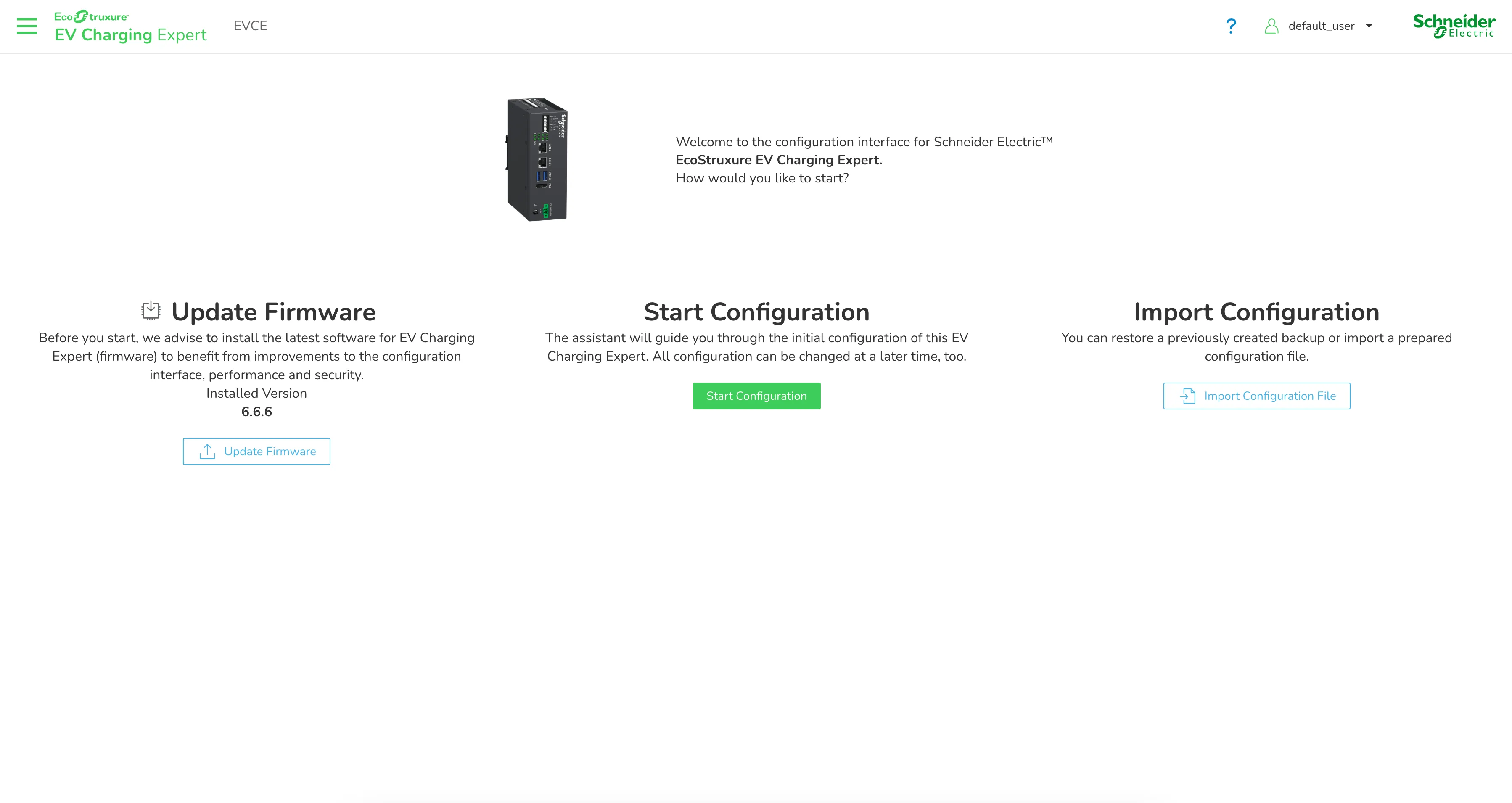 Écran d'accueil EcoStruxure EV Charging Expert version 6.6.6 : Update Firmware, Start Configuration et Import Configuration File