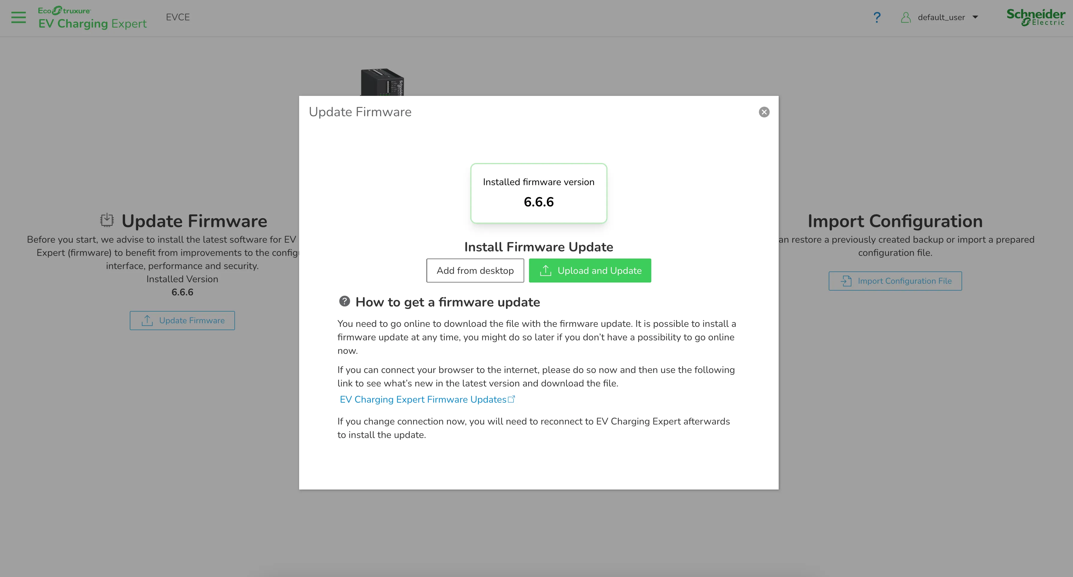 Modale Update Firmware avec le bouton Upload and Update actif après sélection du fichier