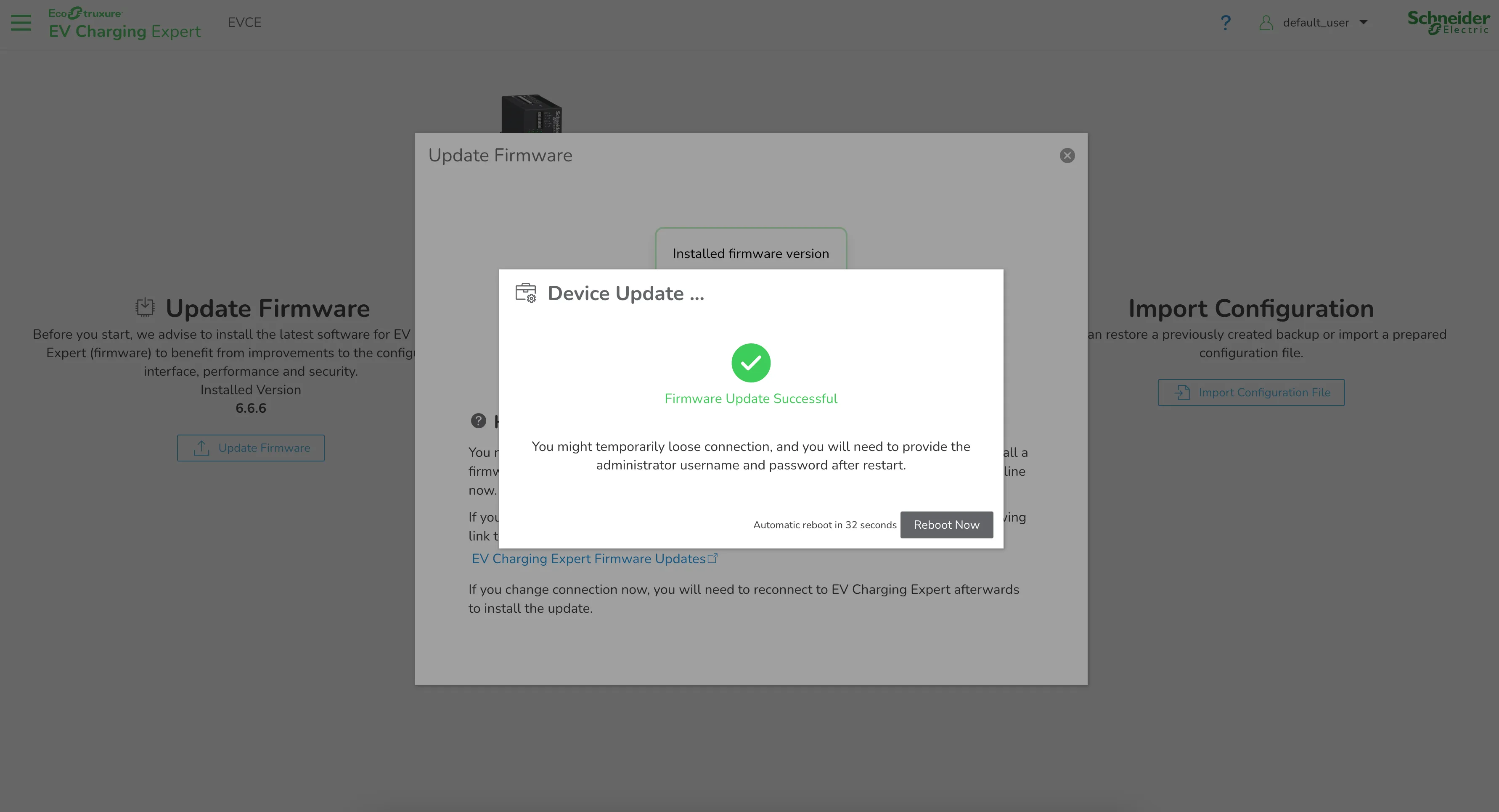 Firmware Update Successful avec compte à rebours de reboot automatique et bouton Reboot Now