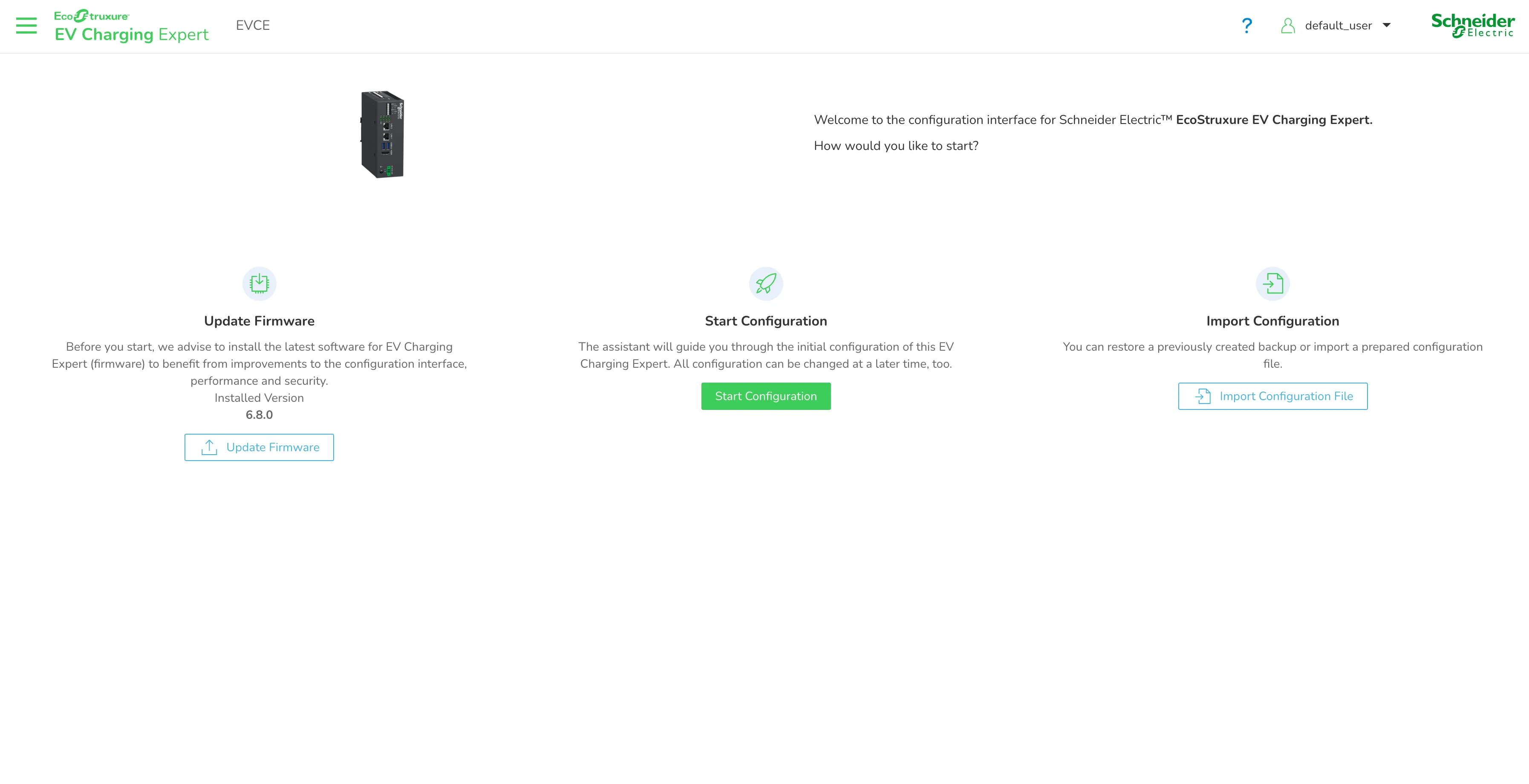 Accueil EcoStruxure EV Charging Expert avec firmware 6.8.0 et bouton Start Configuration