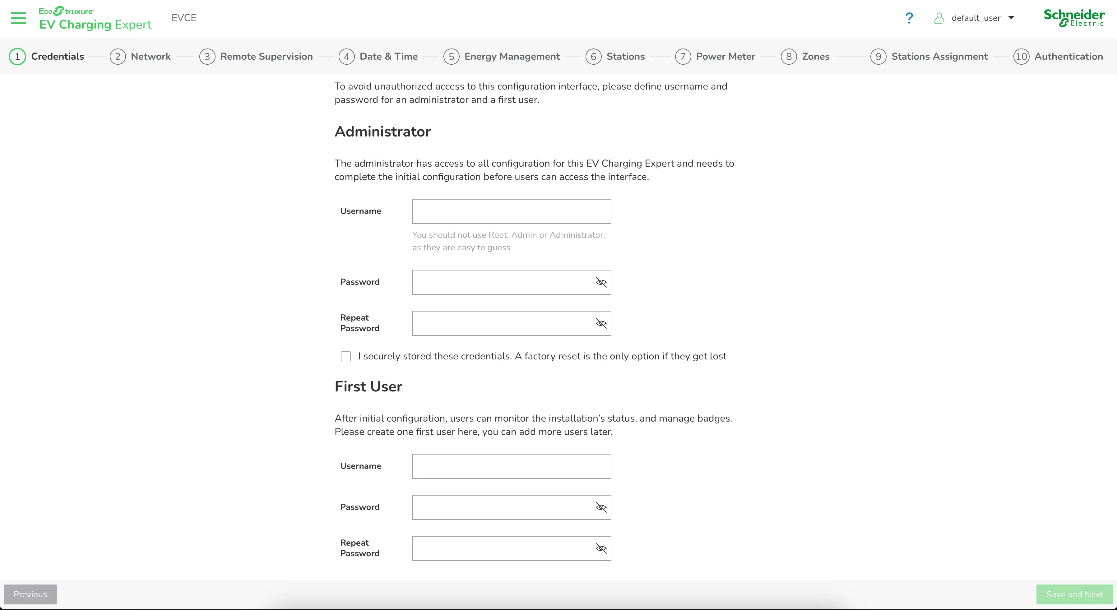 Étape Credentials de l'assistant EVCE : comptes Administrator et First User