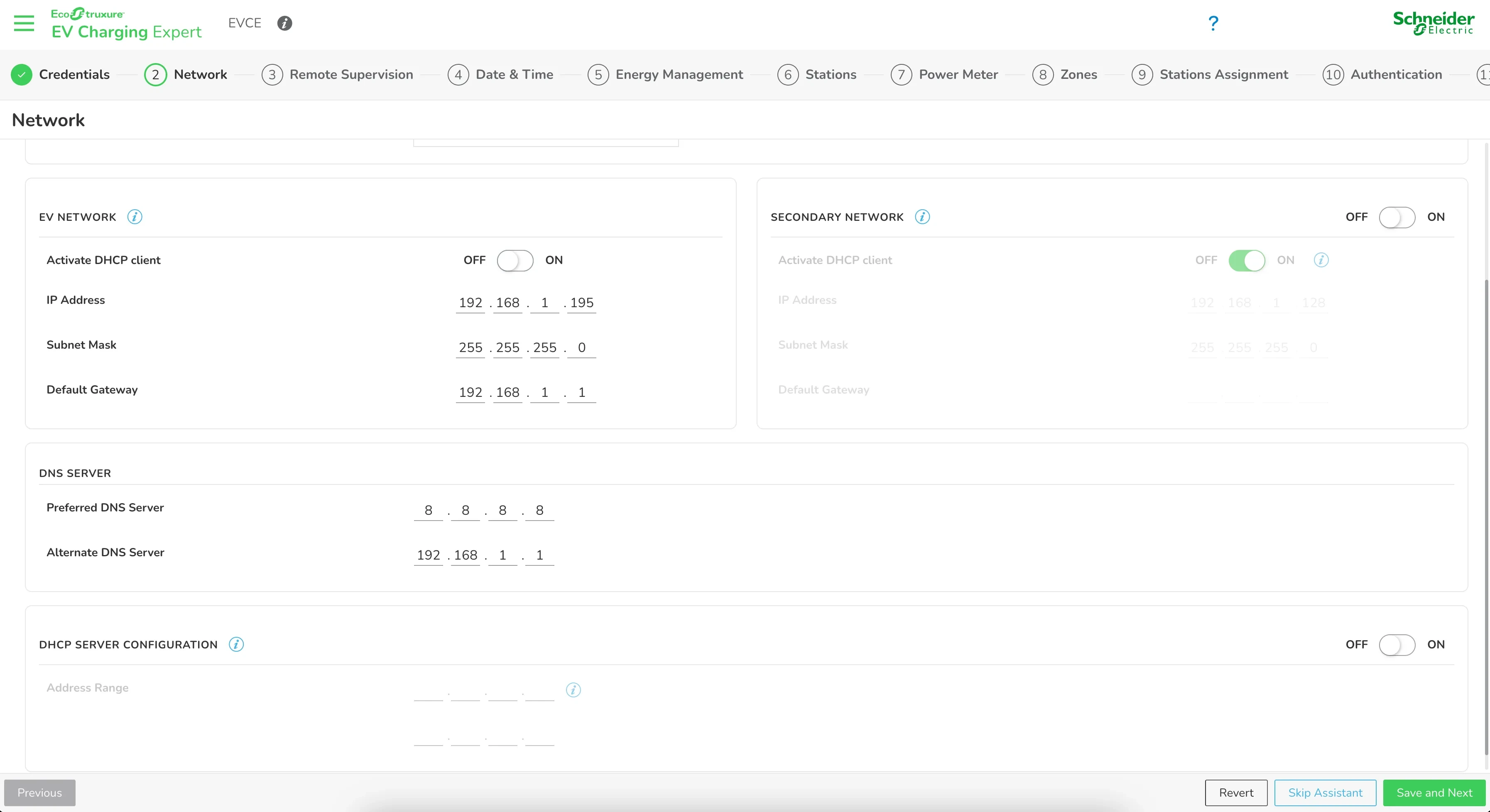 Étape Network EVCE : client DHCP OFF, IP 192.168.1.195, serveur DHCP LMS OFF, DNS 8.8.8.8