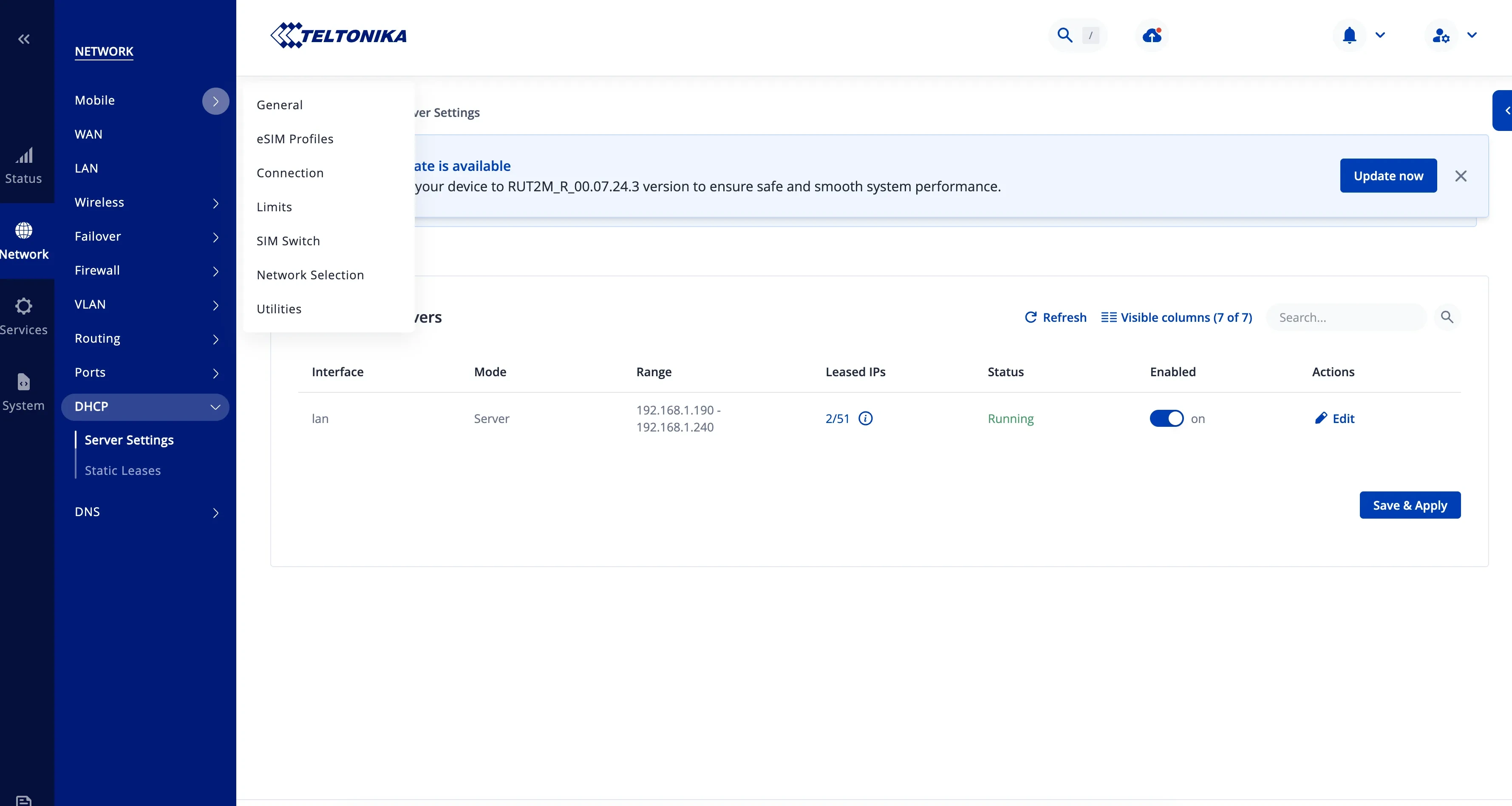 Teltonika DHCP Server Settings : serveur lan Running