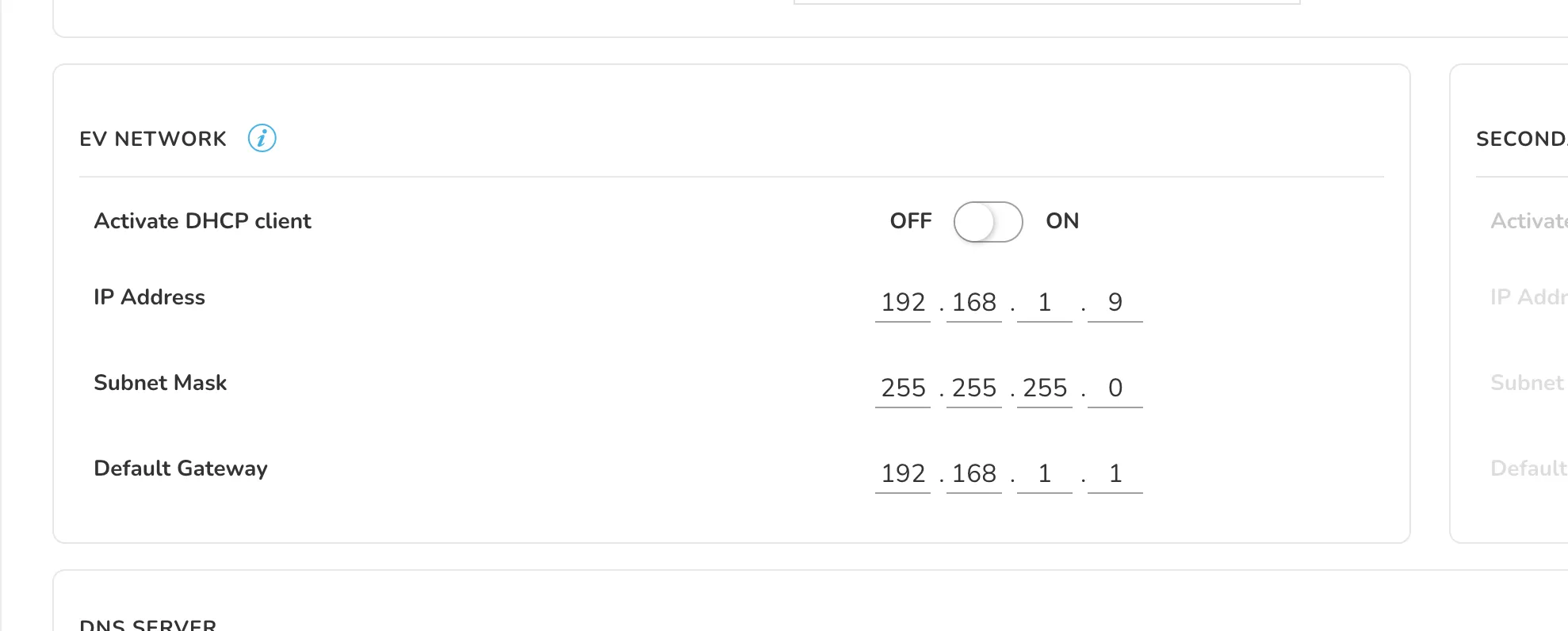 EV NETWORK : client DHCP OFF, adresse IP du LMS fixée à 192.168.1.9, passerelle 192.168.1.1