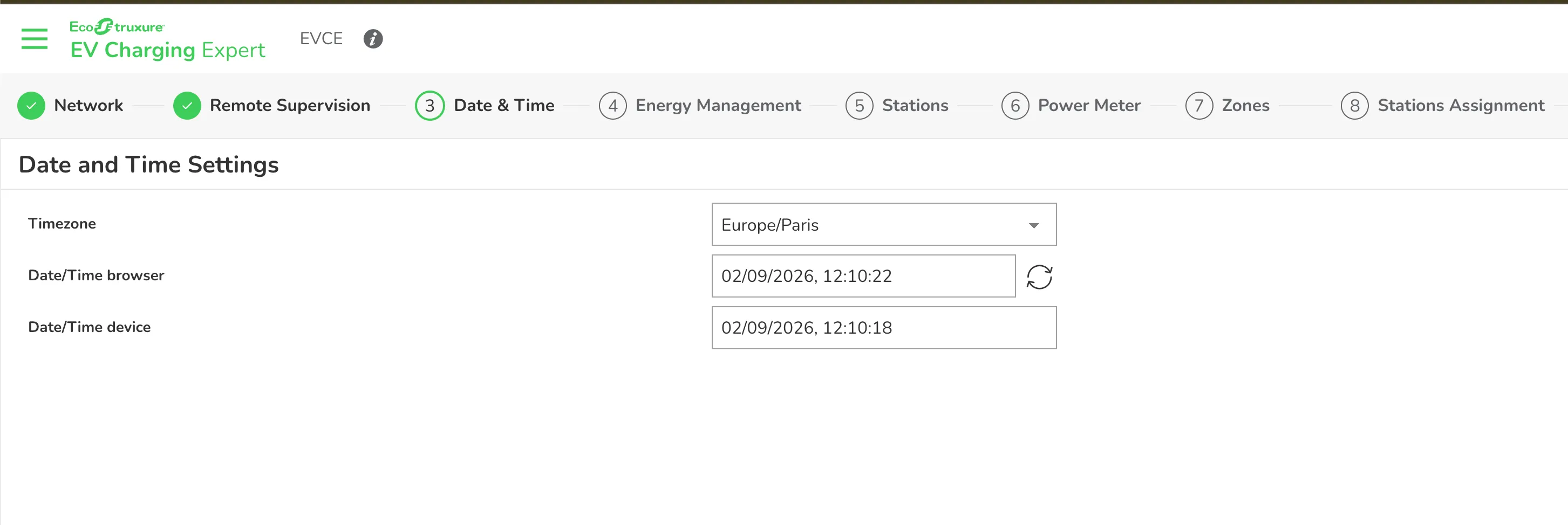 Date and Time Settings EVCE : fuseau Europe/Paris et horloge navigateur synchronisée avec le LMS