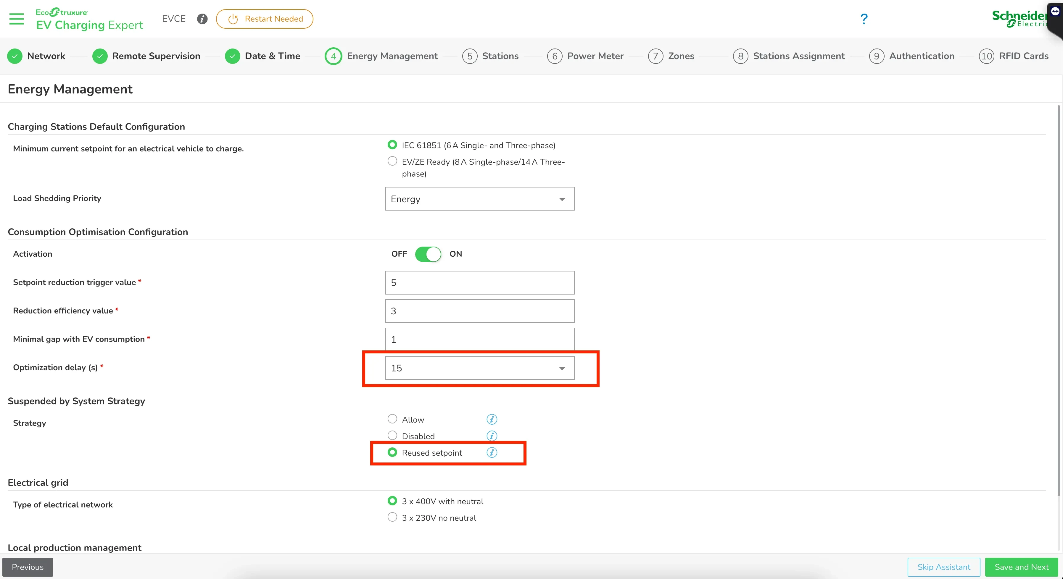 Energy Management EVCE : Optimization delay 15 s et stratégie Reused setpoint mis en évidence
