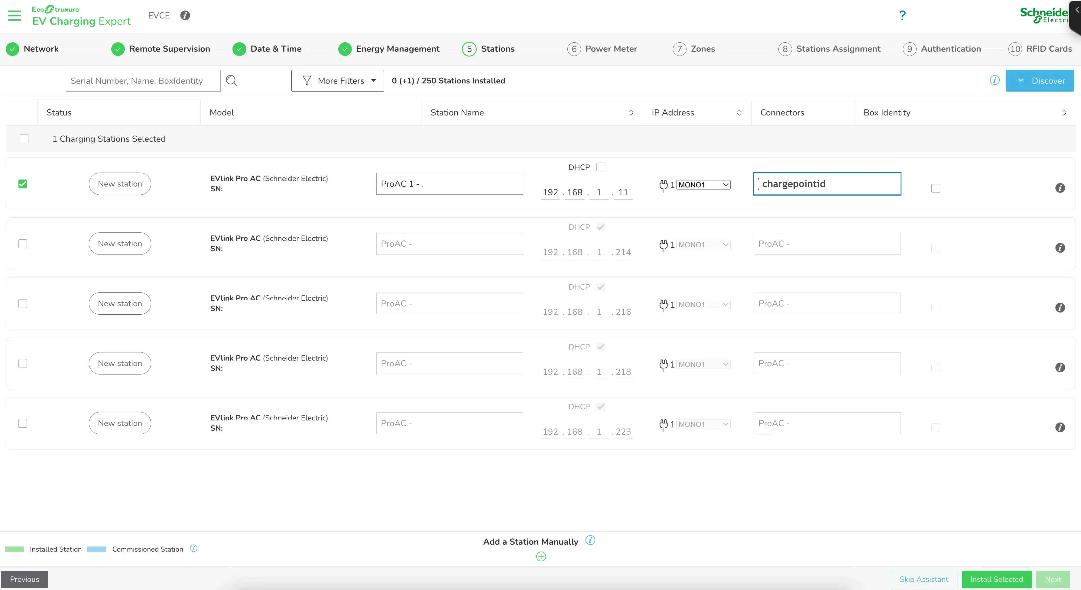 Table des bornes : ProAC 1 en IP 192.168.1.11, DHCP décoché, connecteur MONO1 et Box Identity