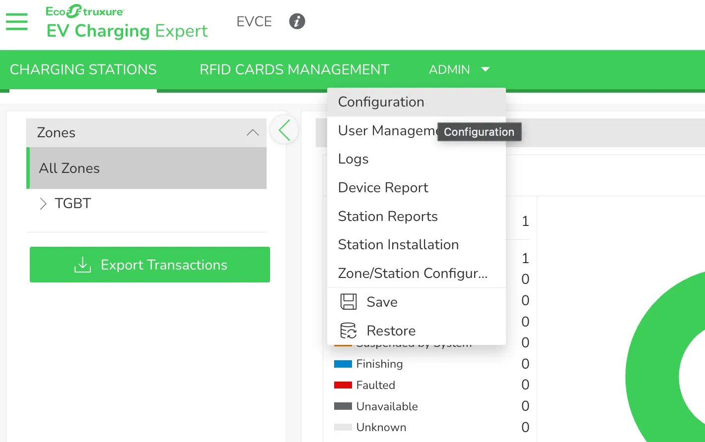 Menu ADMIN EcoStruxure EV Charging Expert avec Configuration sélectionné