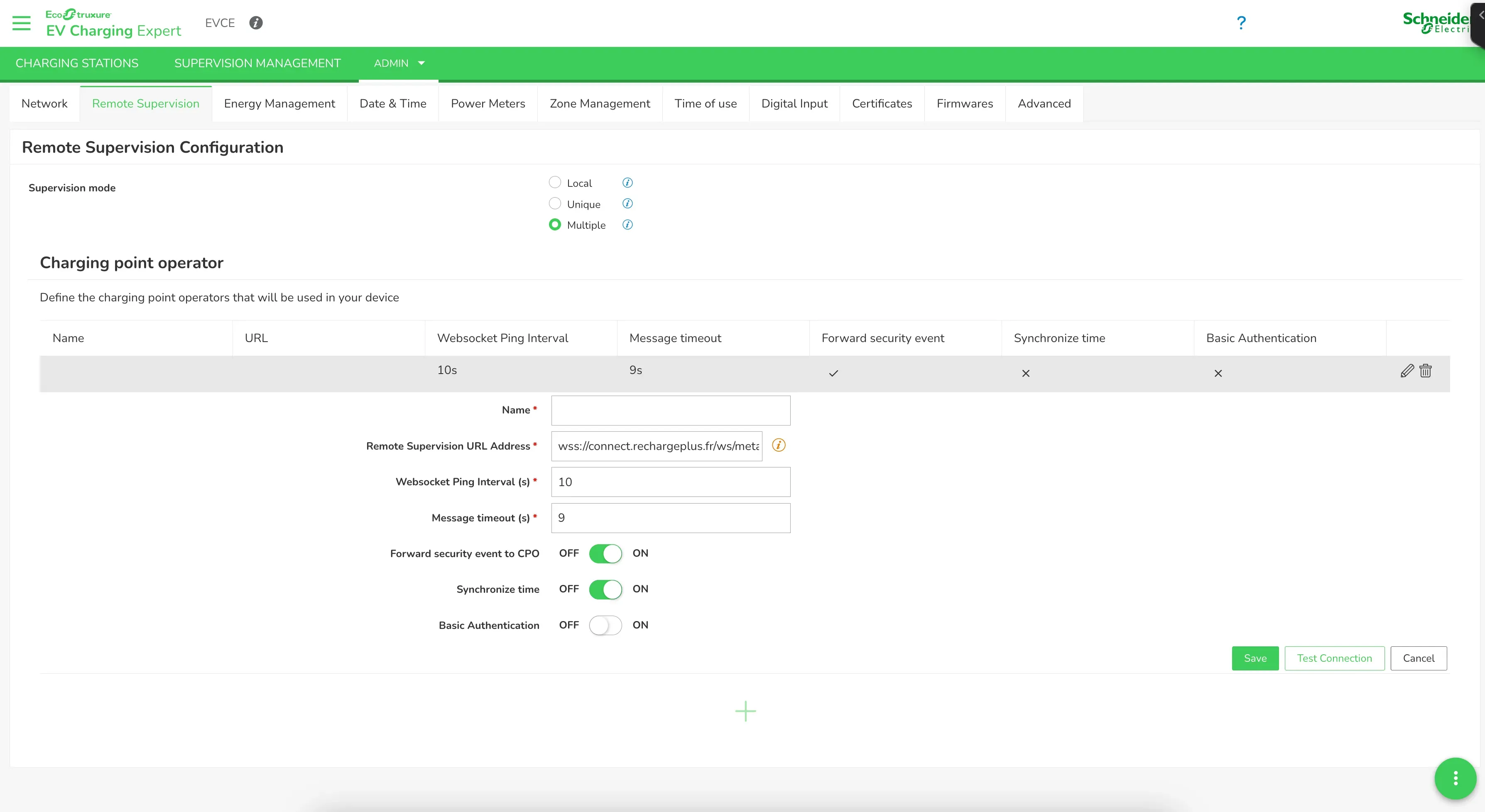 Remote Supervision EVCE en mode Multiple avec URL wss://connect.rechargeplus.fr, ping 10 s et timeout 9 s
