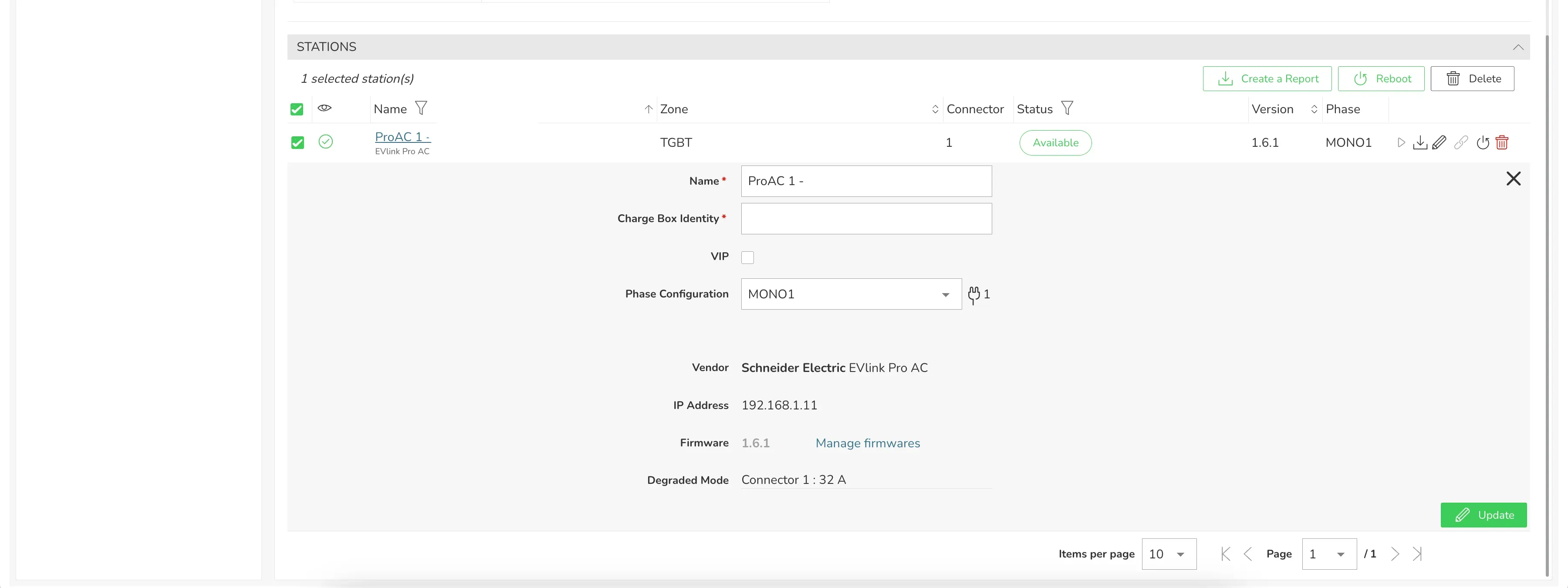 Fiche borne ProAC 1 : nom, Charge Box Identity, phase MONO1, IP 192.168.1.11 et bouton Update