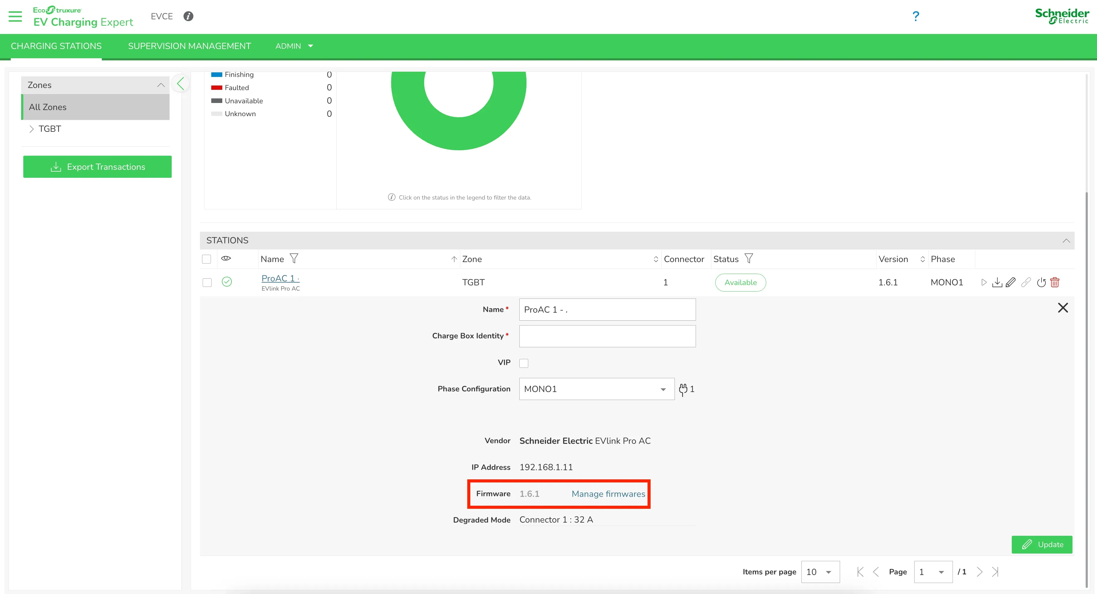 Fiche borne ProAC 1 avec le lien Manage firmwares mis en évidence à côté de la version 1.6.1