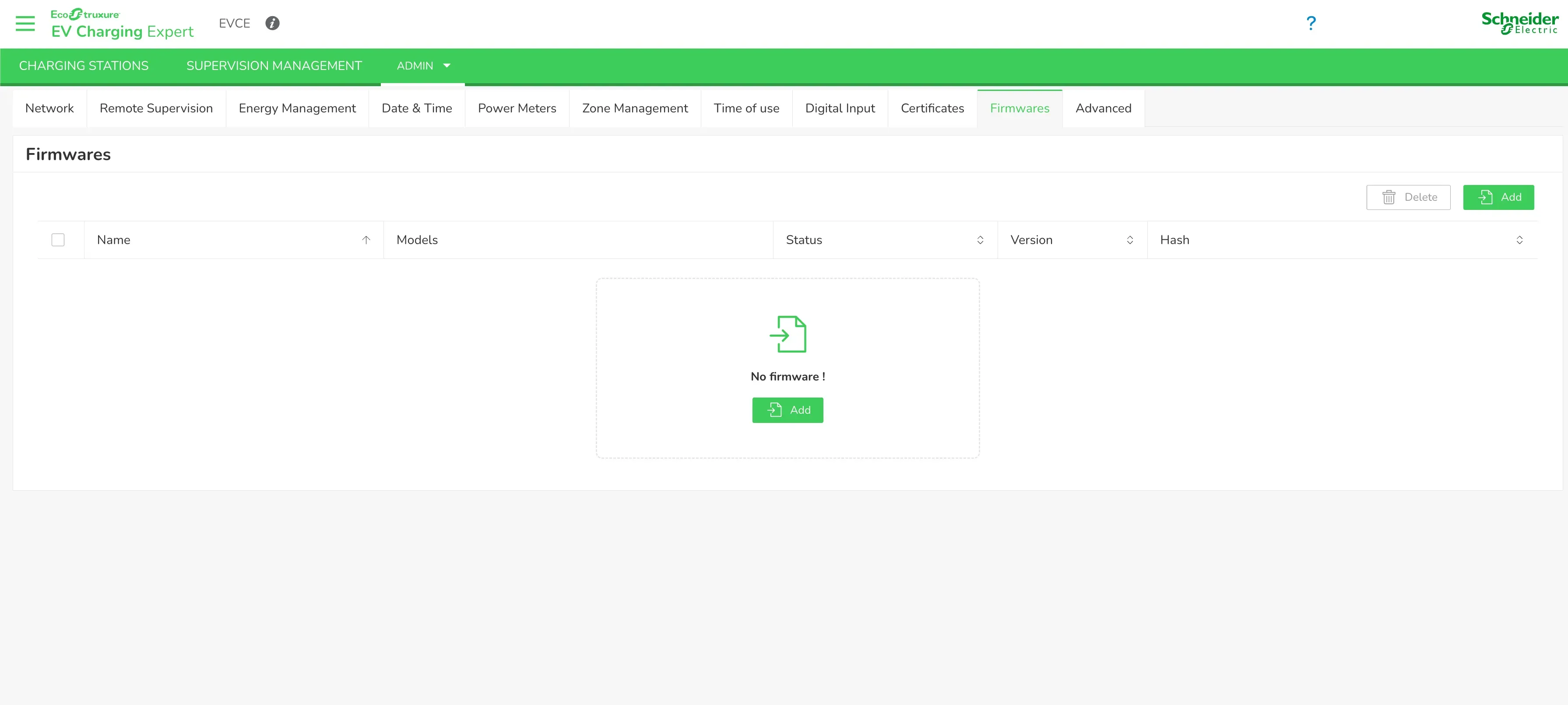 Page Admin Firmwares EVCE vide avec le bouton Add