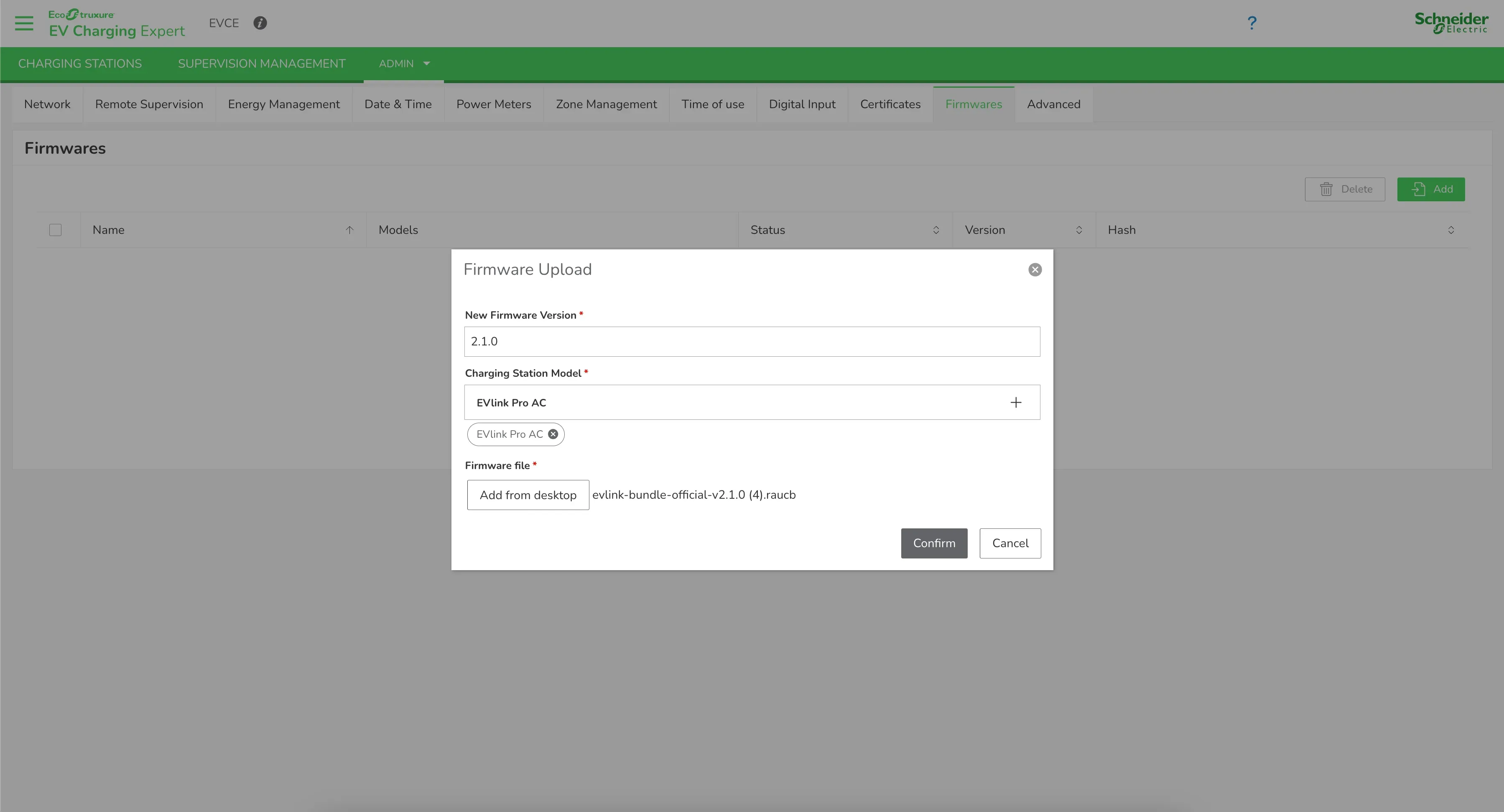 Modale Firmware Upload : version 2.1.0, modèle EVLink Pro AC et fichier raucb sélectionné