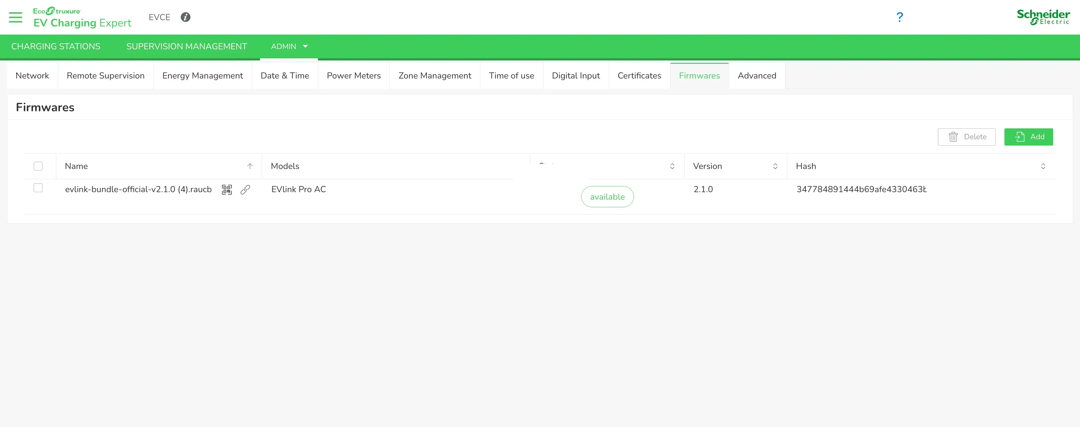 Liste Firmwares : bundle EVlink Pro AC 2.1.0 au statut available