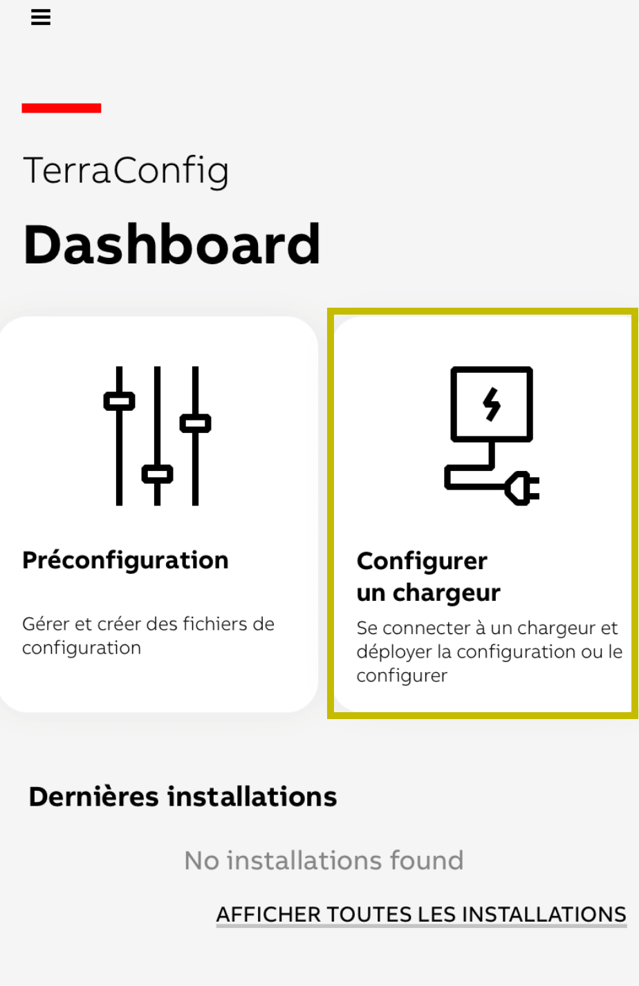 Dashboard TerraConfig avec la carte Configurer un chargeur sélectionnée