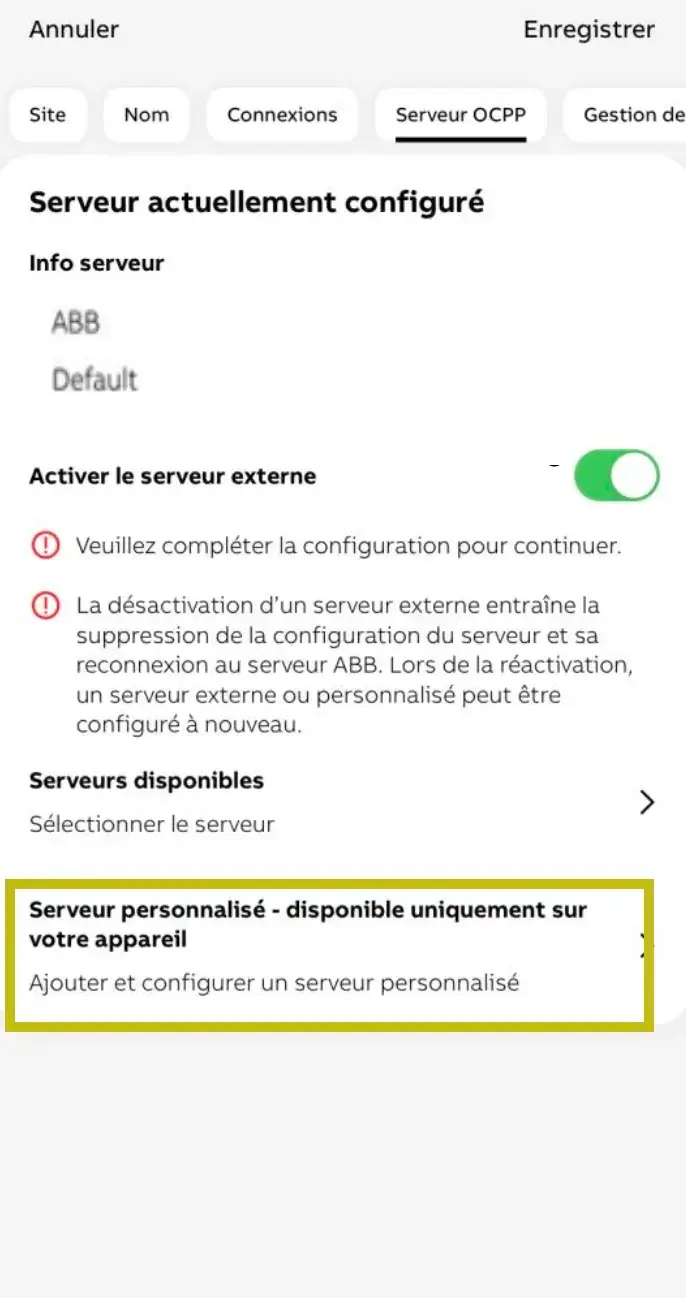 Écran Serveur OCPP TerraConfig avec serveur externe activé et option Serveur personnalisé