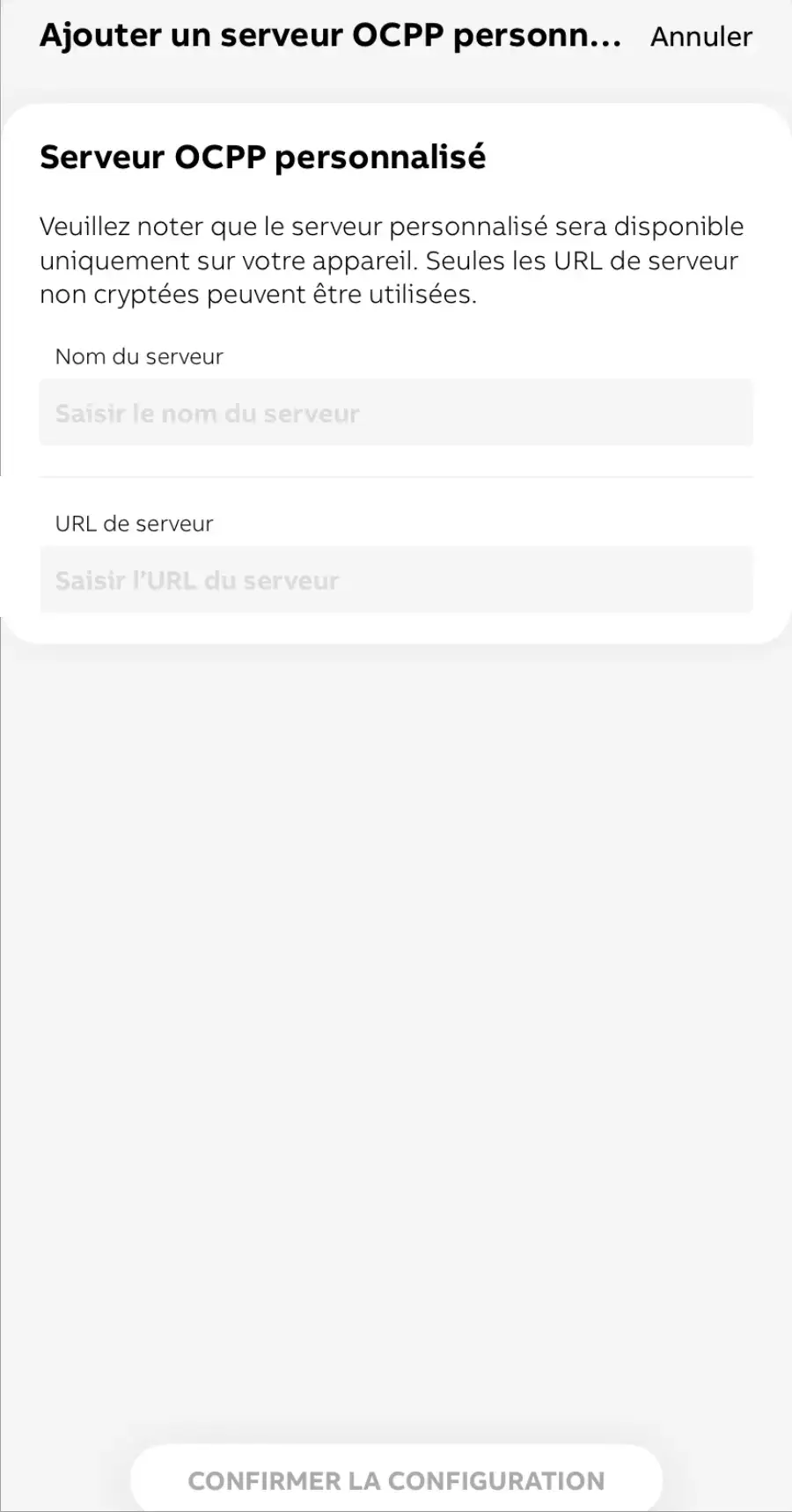 Formulaire Ajouter un serveur OCPP personnalisé : nom du serveur et URL