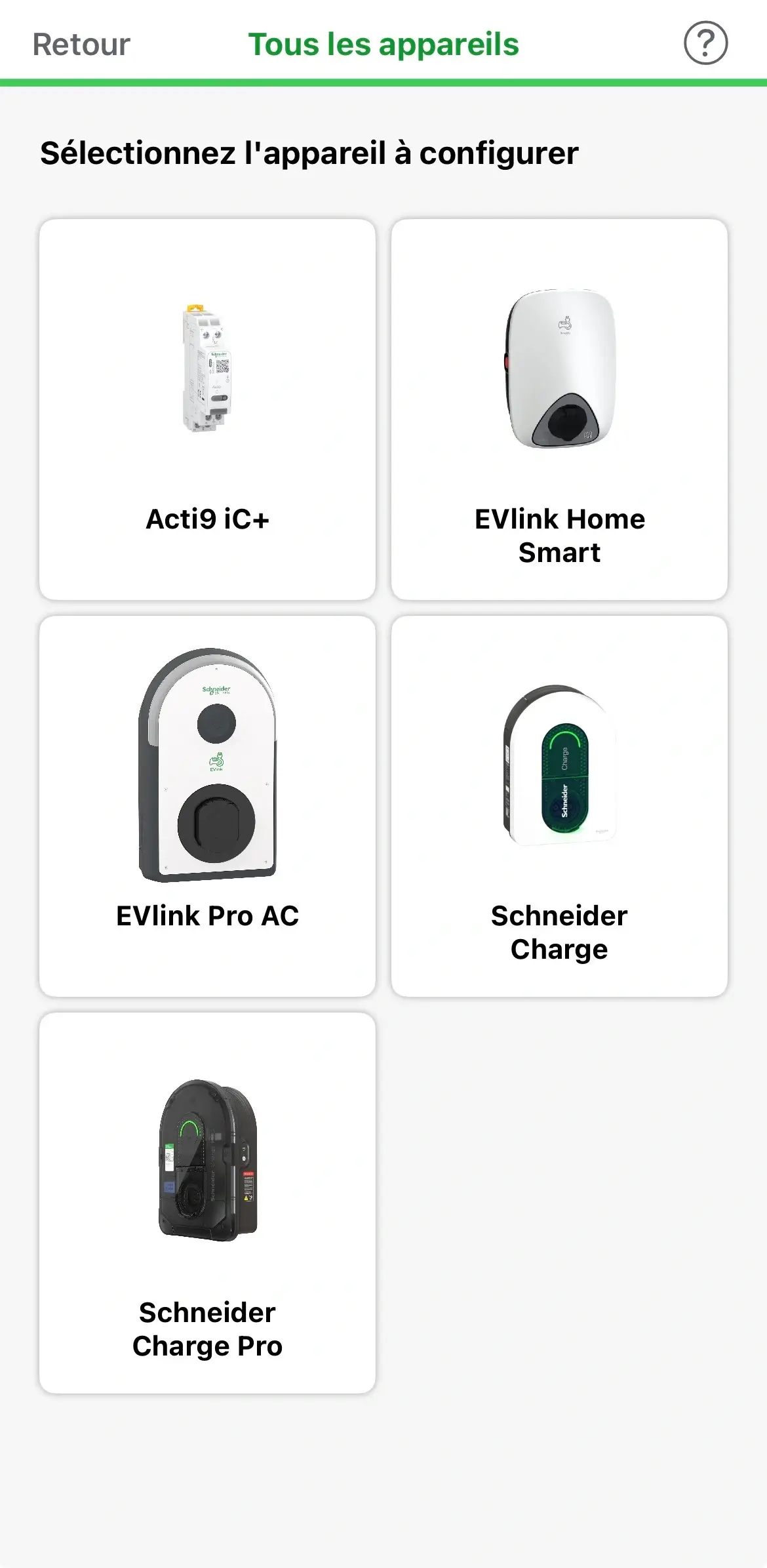 Écran eSetup Tous les appareils : sélection de la borne EVlink Pro AC parmi Acti9, EVlink Home Smart, Schneider Charge et Charge Pro