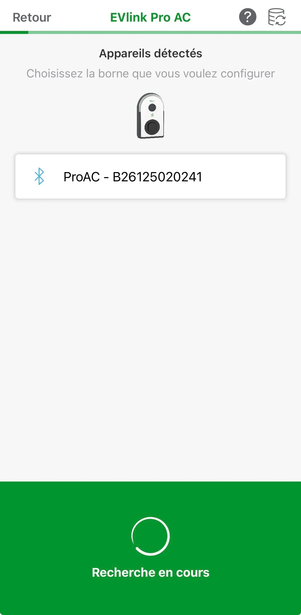 Écran eSetup Appareils détectés : borne ProAC listée via Bluetooth pendant la recherche