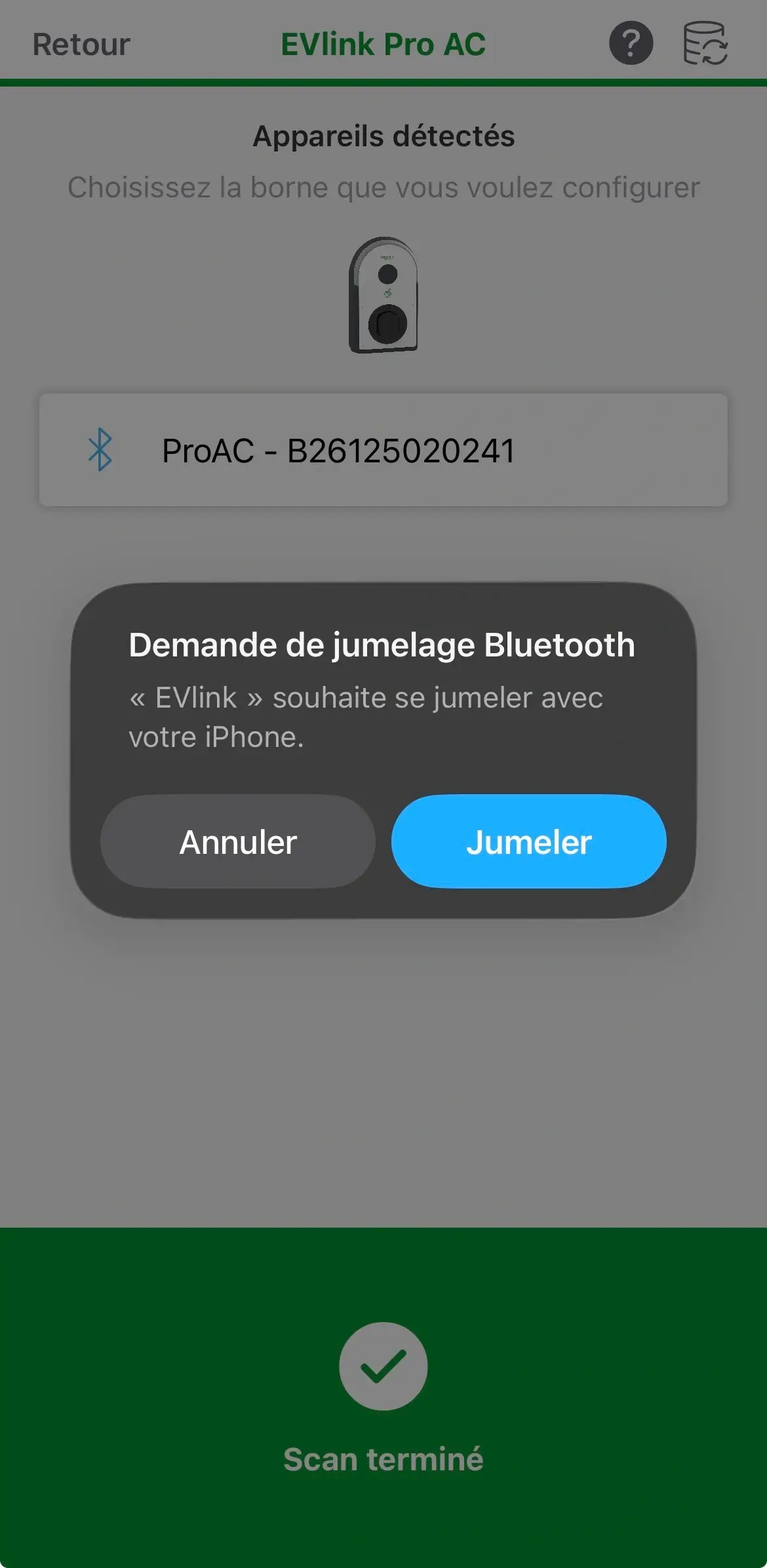 Demande de jumelage Bluetooth iOS : EVlink souhaite se jumeler avec l'iPhone