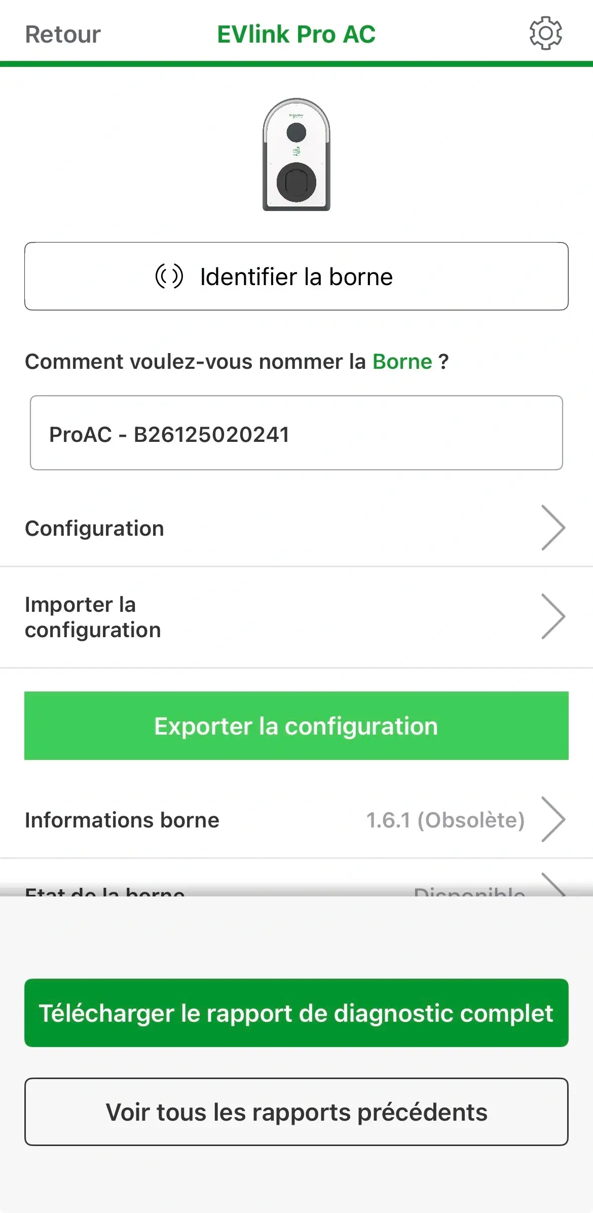 Accueil eSetup EVlink Pro AC avec les menus Configuration, Importer / Exporter et Informations borne