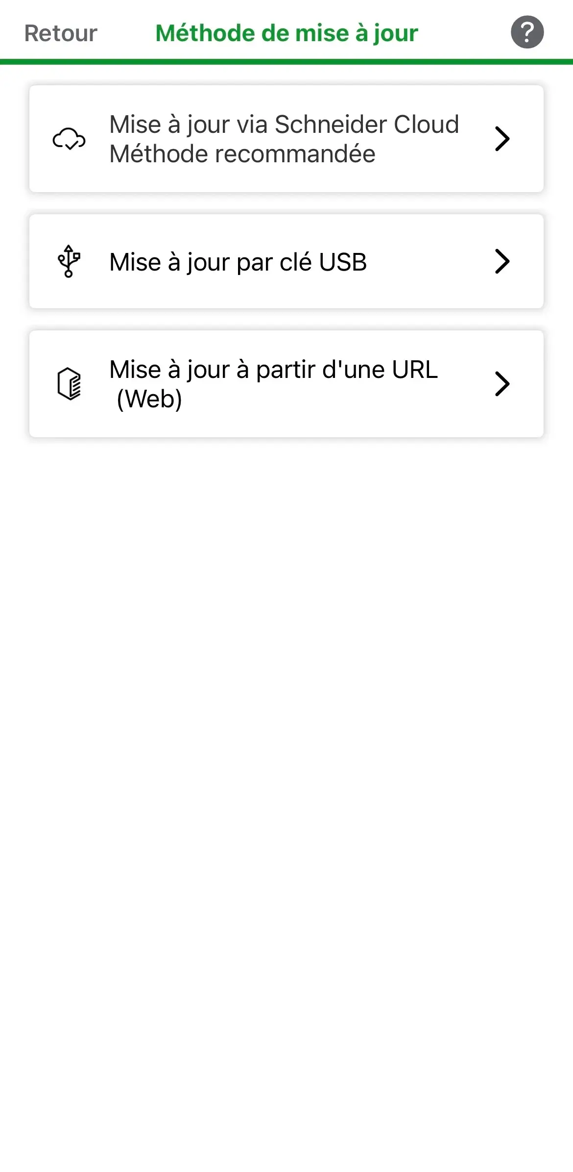 Choix de la méthode de mise à jour eSetup : Schneider Cloud, clé USB ou URL