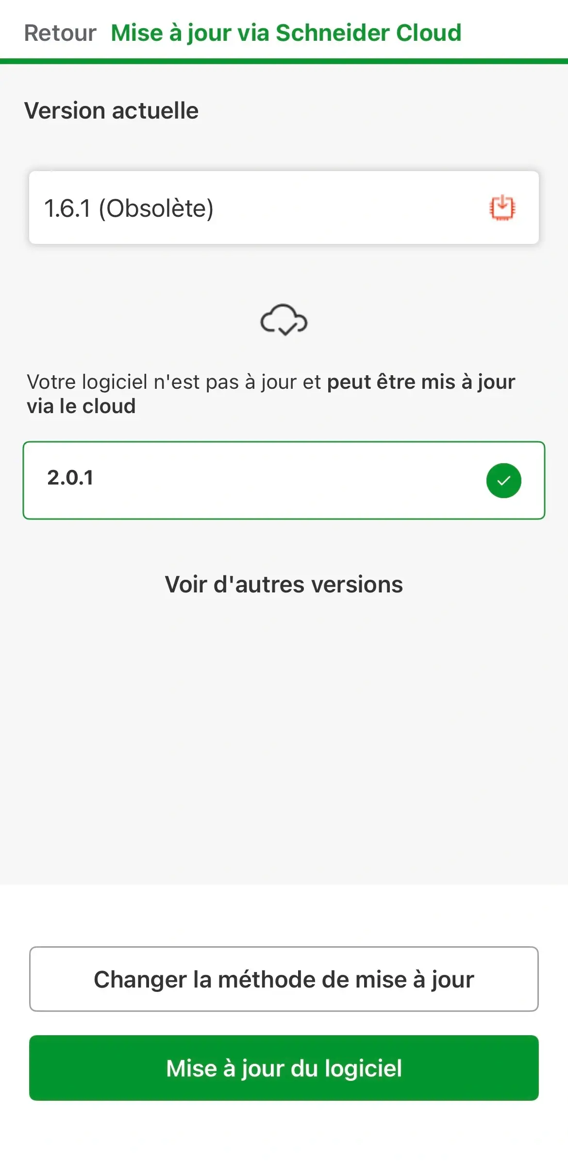 Mise à jour via Schneider Cloud : version actuelle obsolète et nouvelle version sélectionnée