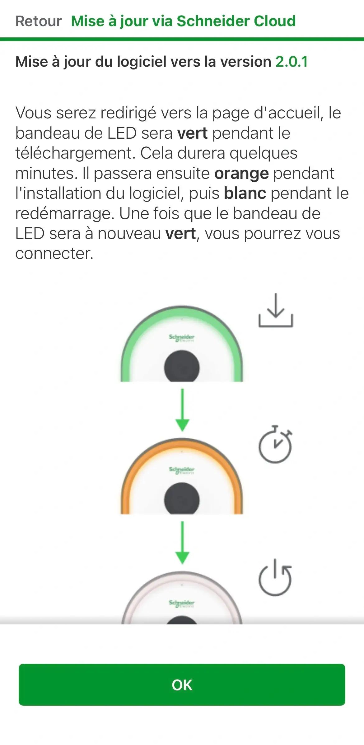 Consignes eSetup pendant la mise à jour : LED verte au téléchargement, orange à l'installation, blanche au redémarrage