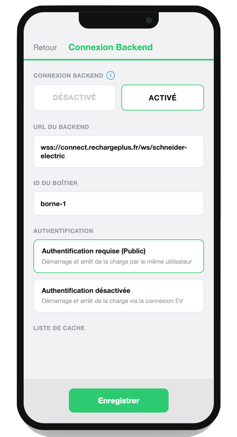 Écran Connexion Backend eSetup : connexion activée, URL wss://connect.rechargeplus.fr/ws/schneider-electric, ID du boîtier borne-1 et authentification requise (Public)